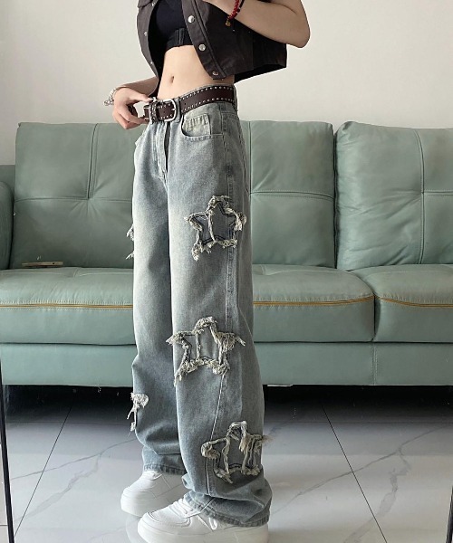 「almo」 「BURLESQUE」加工デニムパンツ LARGE ブルー レディース