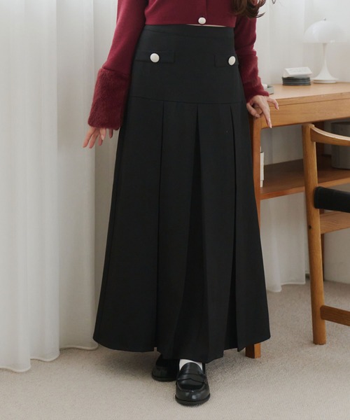 powwa more スカート パールボタン ロングプリーツスカート