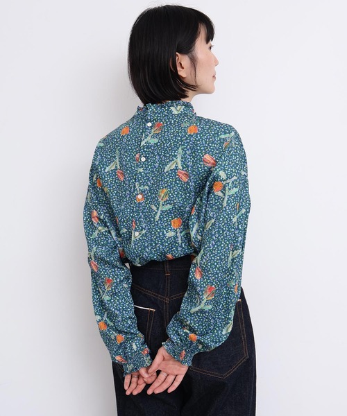 美品★l'atelier du savon 思い出プリント ブラウス ブルー l'atelier du savon ] 思い出プリントブラウス＆ワンピース : l