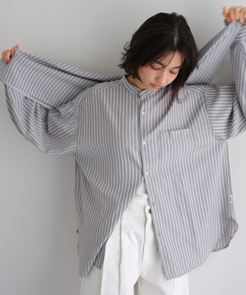 シャツ/ブラウス(長袖/七分) meme vintage   sherbet hoodie ANME ブラウス シャツ レーヨンストライプバンドカラー長袖シャツ