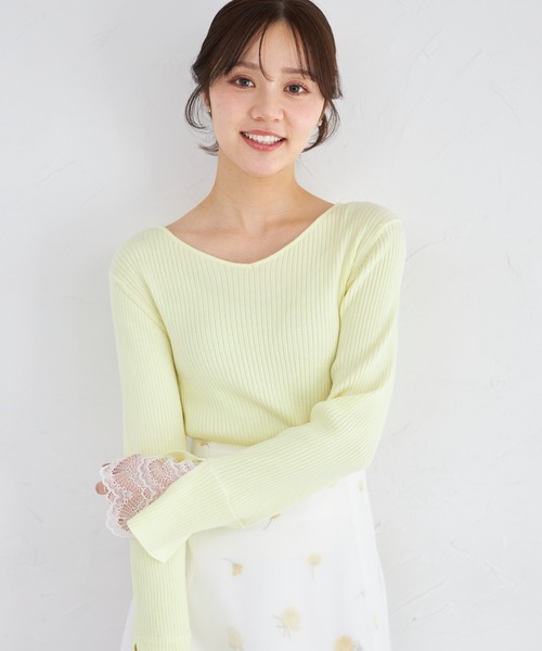 【新品タグ付き】アナトリエ　リブニット  レース　袖　イエロー　黄色 予約]サイドスリットVネックニットトップス/イエロー – Lumier