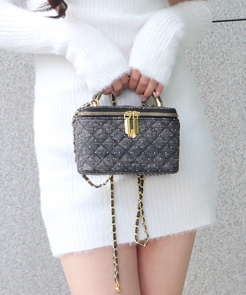 ALLuRing ChaRm ハンドバッグ Rhinestone Denim Quilted Vanity Bag