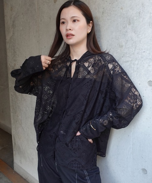 CORNERS（コーナーズ） tシャツ ブロックレースフード付きブラウス