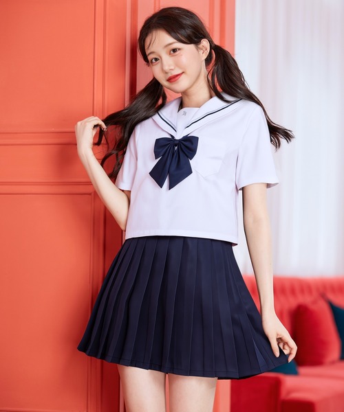 コスプレ 「制服コスプレ3点セット」ホワイト×ネイビーセーラー服 半袖