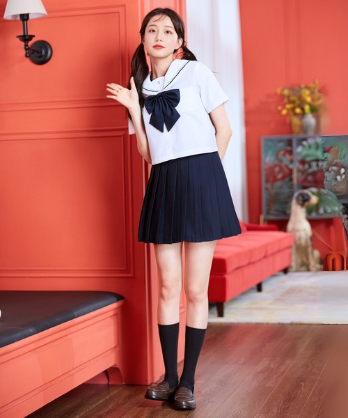 最終価格！半袖　セーラー服　3点セット コスプレ 「制服コスプレ3点セット」ホワイト×ネイビーセーラー服 半袖
