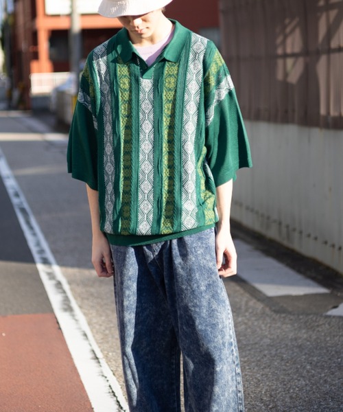 「NYLAUS」 半袖ニット M グリーン メンズ_画像2