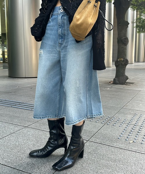 【美品】 LIMI feu デニムワイドパンツ ウエストリボン S インディゴ Ameri（アメリ） ワイドパンツ ジーンズ デニム デニムパンツ LOOSE
