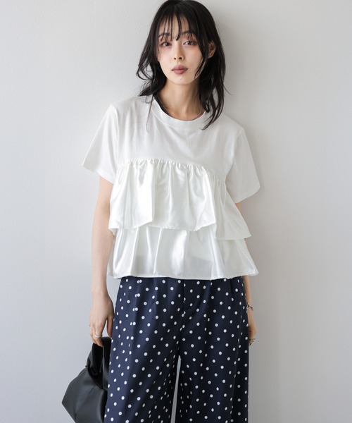 セットアップ 夏 フリル×ドットパンツセットアップ レディース