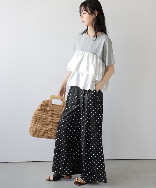 セットアップ 夏 フリル×ドットパンツセットアップ レディース