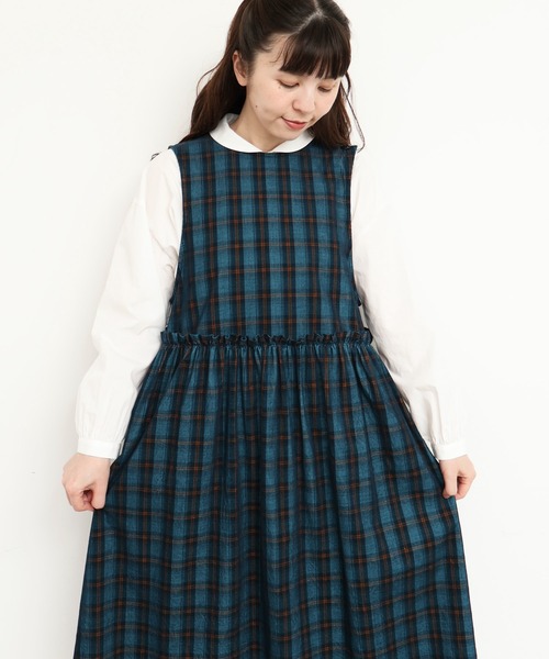 カネコイサオ☆ブロックチェックノースリーブワンピース サッシュリボン付き l'atelier du savon（アトリエドゥサボン） ワンピース コーデュロイ