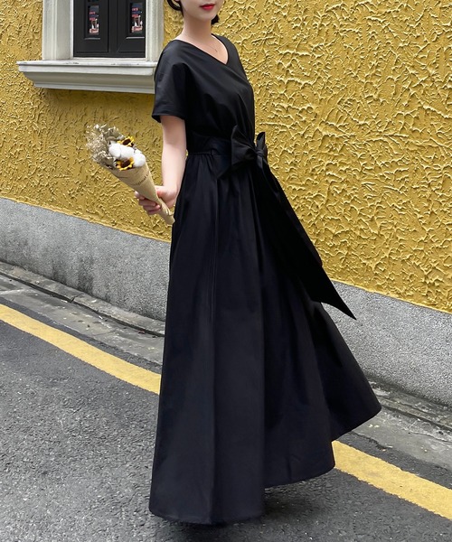 H1072◾️ケービーエフ　リネン混マキシ丈ワンピース　ウエストリボン FREE STYLISTS ワンピース ウエストリボン2WAYマキシ丈
