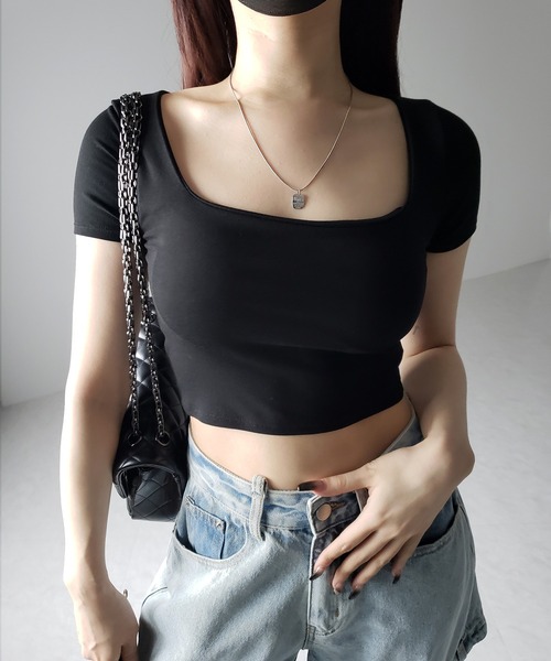 tシャツ カップ付きスクエアネックリブTシャツ　長袖 レディース カップ付きスクエアネックリブTシャツ 長袖（Tシャツ/カットソー