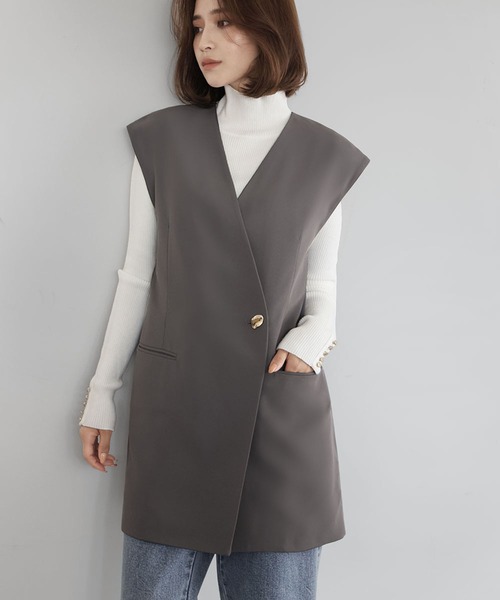 専用です新品未使用cafuné ノーカラー ベスト グレー　ジレ ELFRANK ベスト ジレ バックシアーノーカラージレ/ベスト レディース