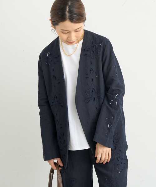 IENA ノーカラーレースジャケット IENA ジャケット ノーカラージャケット コットンリネン カット