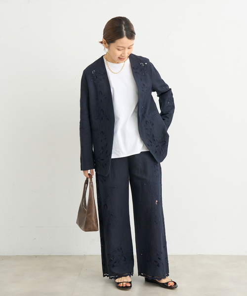 IENA ジャケット ノーカラージャケット コットンリネン カット