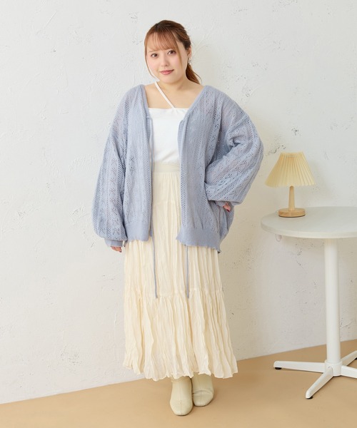 Louiosy カーディガン 「大きいサイズ」リボン付き透かし編み