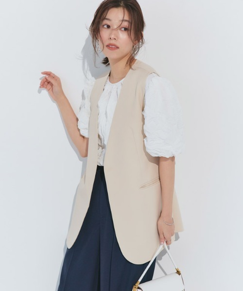 Pierrot ベスト ジレ ベルト付きノーカラージレ レディース