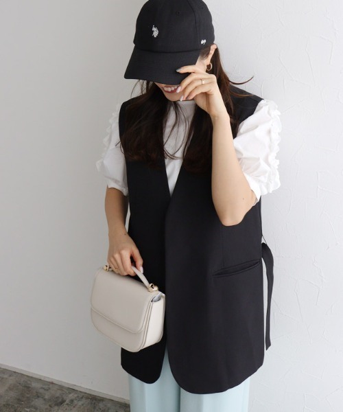 Pierrot（ピエロ） ベスト ジレ ベルト付きノーカラージレ レディース