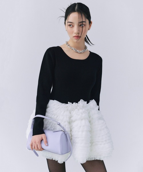 【eimy istoire】ボリュームチュールフリルニットワンピース ボリュームチュールフリルニットワンピース（ミニワンピース