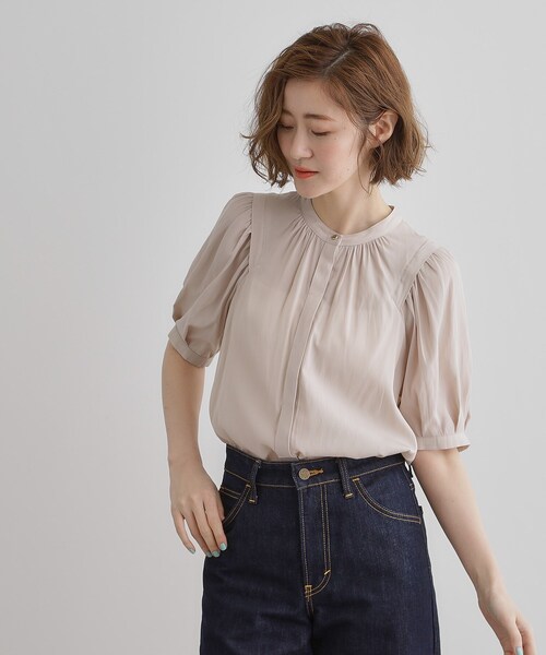 未使用品＊イチアンティークス リネンフレンチスリーブブラウス 麻100 ピンク 極美品＊イチアンティークス リネンフレンチスリーブブラウス 麻