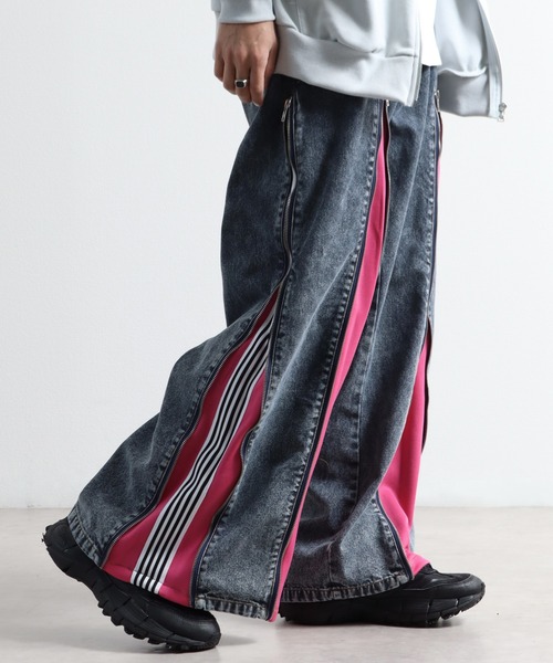 リメイクジッパーデニム再構築ワイドデニムパンツトラックパンツジップパンツ ジップアップリメイクライク ジャージ×デニムパンツ（デニム
