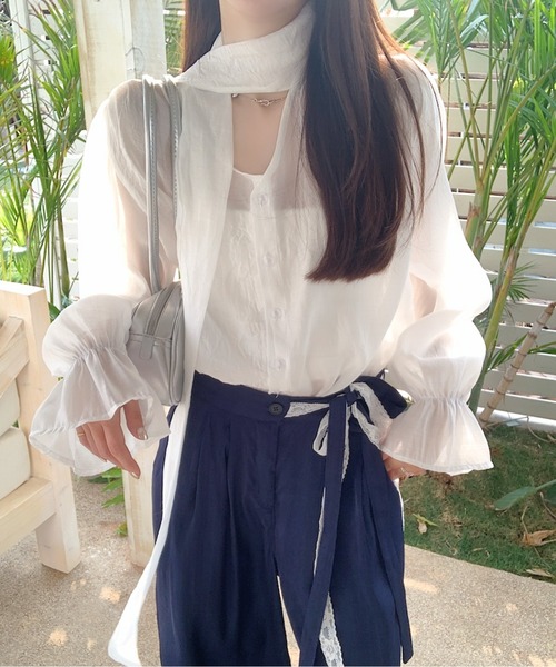 ブラウス シャツ パフスリーブシアーシャツ レディース