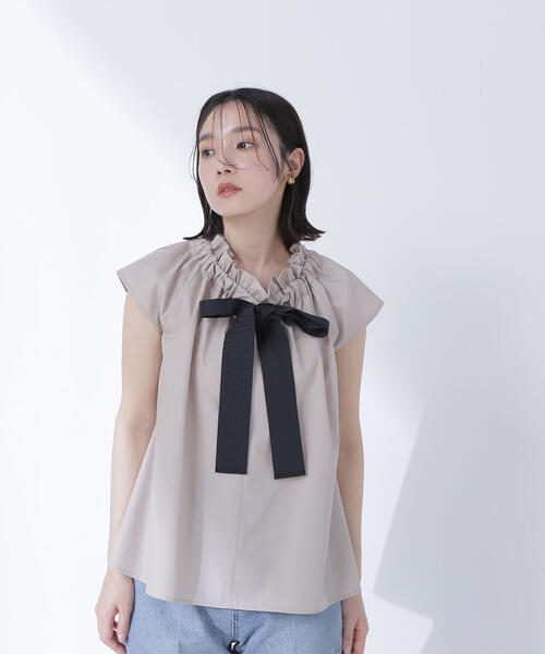 未使用級 ビアズリー 袖リボンブラウス 黒 フレンチスリーブ ワイド 洗える F NATURAL BEAUTY BASIC ブラウス シャツ フレンチスリーブ