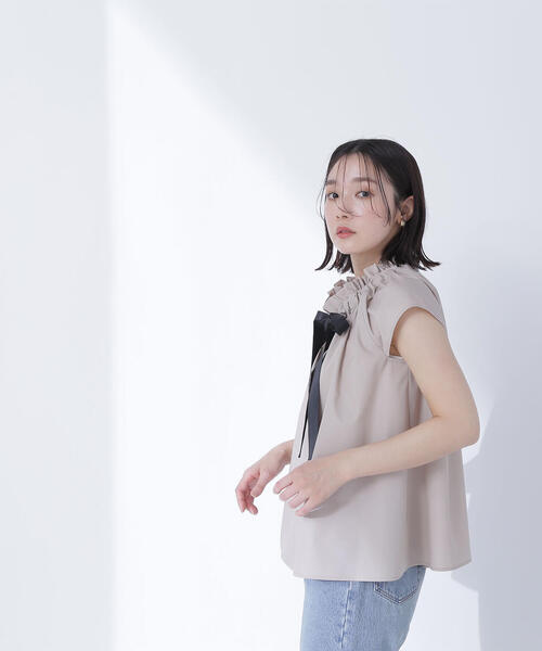 ブラウス シャツ フレンチスリーブグログランリボンブラウス レディース NATURAL BEAUTY BASIC ブラウス シャツ フレンチスリーブ