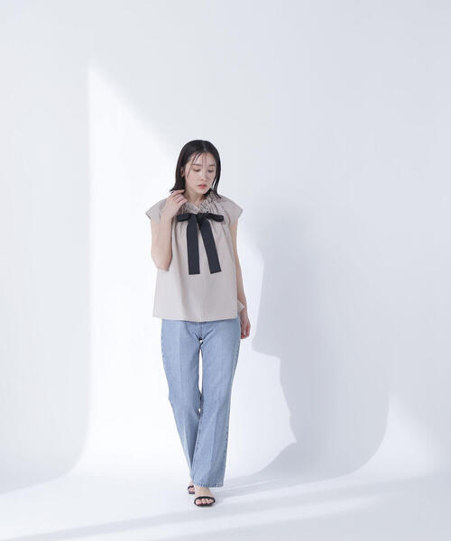 ブラウス シャツ フレンチスリーブグログランリボンブラウス レディース NATURAL BEAUTY BASIC ブラウス シャツ フレンチスリーブ