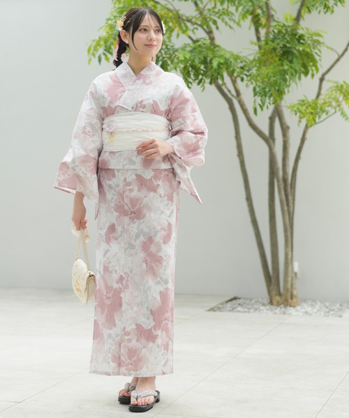 【美品】DAZZY 百合柄浴衣 兵児帯、GRL兵児帯 帯紐 下駄 5点セット 浴衣 「下駄付き兵児帯ゆかた5点セット」浴衣・兵児帯・腰紐2本