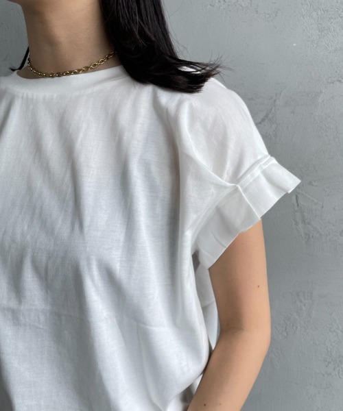 新品タグ付き　ミズイロインド　フリルスリーブ　クルーネックカットソー mizuiroind tシャツ 「mizuiro ind/ミズイロインド」 フリル