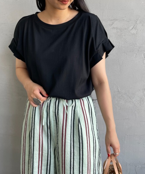 新品タグ付き　ミズイロインド　フリルスリーブ　クルーネックカットソー mizuiroind tシャツ 「mizuiro ind/ミズイロインド」 フリル
