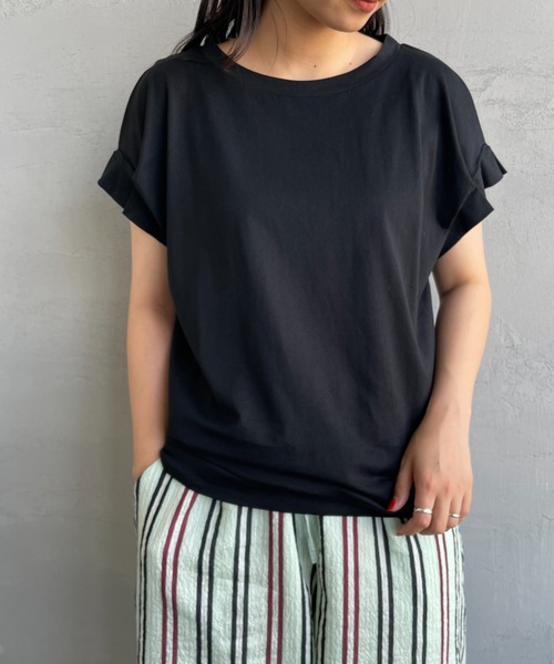 新品タグ付き　ミズイロインド　フリルスリーブ　クルーネックカットソー mizuiroind tシャツ 「mizuiro ind/ミズイロインド」 フリル