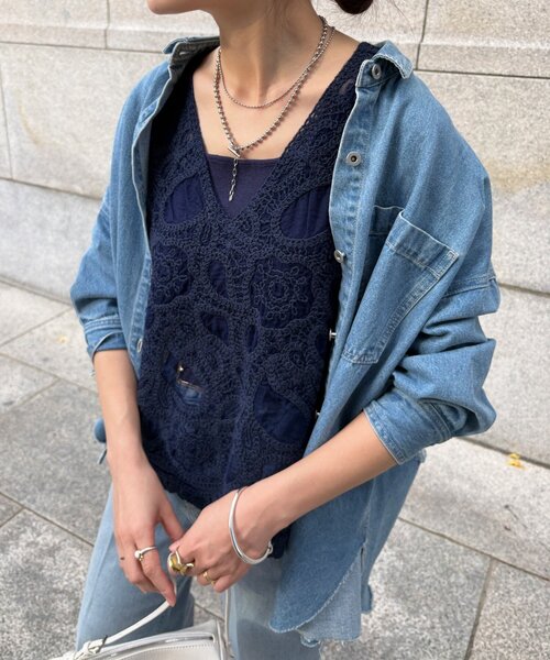 DouDou（ドゥドゥ） ブラウス シャツ 刺繍前後2WAYレースタンク