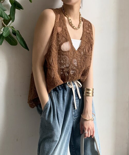 ブラウス シャツ 刺繍前後2WAYレースタンク レディース