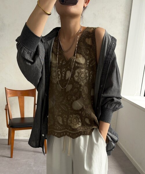 DouDou（ドゥドゥ） ブラウス シャツ 刺繍前後2WAYレースタンク