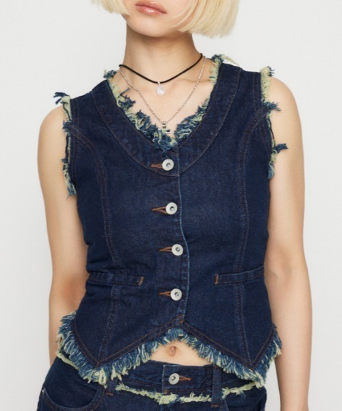 ベスト ジレ FRINGE COMPACT デニムベスト レディース