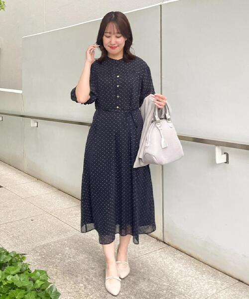 【着映えワンピース／共布リボン付き】ツィード風プリントワンピース 着映えワンピース／共布リボン付き】ツィード風プリントワンピース