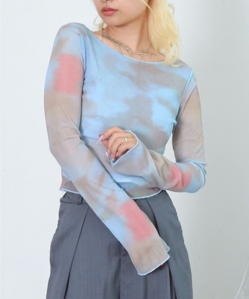 tシャツ CS マーブル総柄シースルートップス/ブルー レディース 