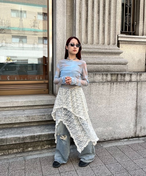 tシャツ CS マーブル総柄シースルートップス/ブルー レディース