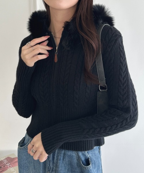 カーディガン ファーフード付きケーブルニットジップカーディガン