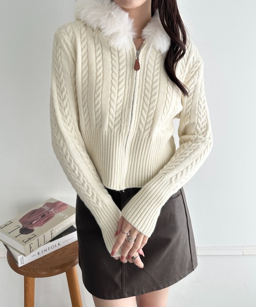 カーディガン ファーフード付きケーブルニットジップカーディガン