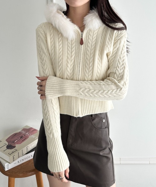 カーディガン ファーフード付きケーブルニットジップカーディガン