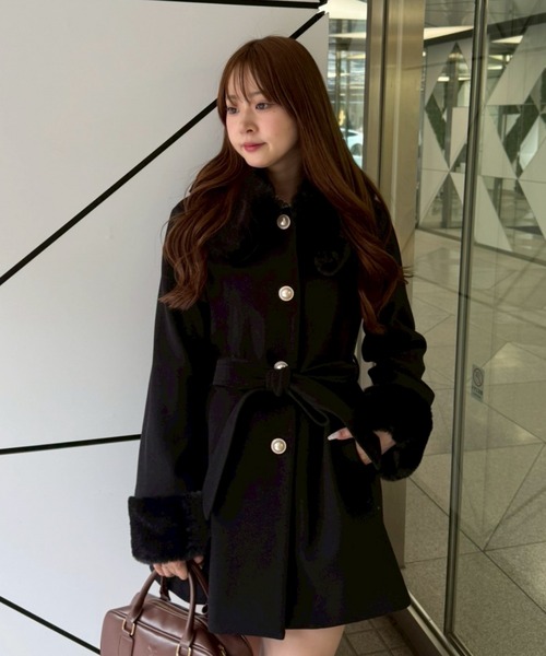 NICE CLAUP ダークブラウン ファー付きコート セール】【S/Mサイズ展開】フェイクファーミドルコート（ステンカラー