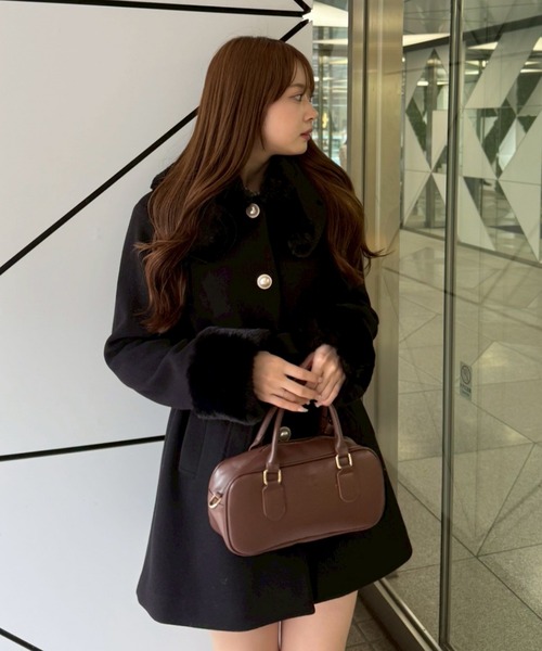 NICE CLAUP ダークブラウン ファー付きコート セール】【S/Mサイズ展開】フェイクファーミドルコート（ステンカラー