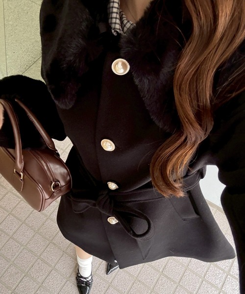 NICE CLAUP ダークブラウン ファー付きコート ナイスクラップ NICE CLAUP 【WEB先行予約】フェイクファー付ミドル