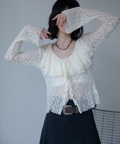 ブラウス シャツ ダブルヴィンテージレースフリルシアーブラウス