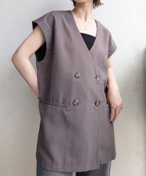 styiro（スタイロ） ベスト ジレ 夏 ノーカラー ダブルブレスト ベスト