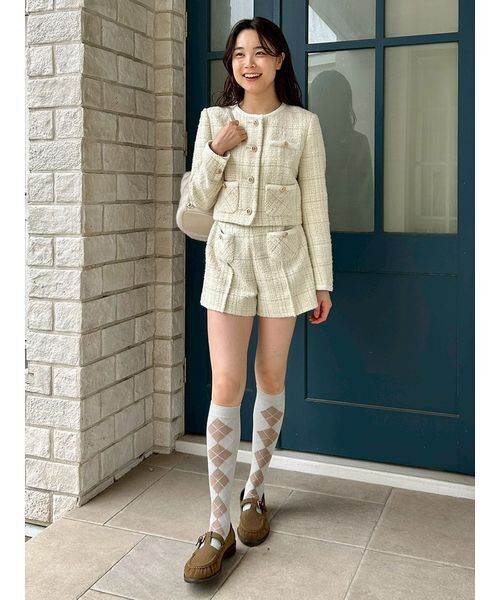 新品タグ付✨リリーブラウン　ノーカラーツイードジャケット　アイボリー　F LILY BROWN（リリーブラウン） ジャケット ノーカラージャケット