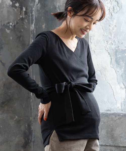 SWEET MOMMY マタニティトップス M 黒 SweetMommy（スウィートマミー） マタニティ リブニットカシュクール